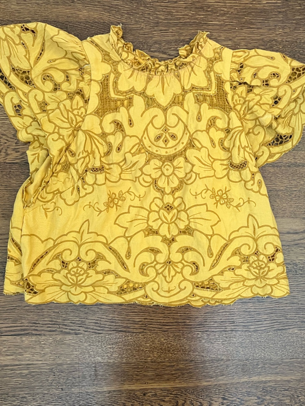 Anthropologie Women's Yellow Embroidered Flutter-Sleeve Top - Size Small